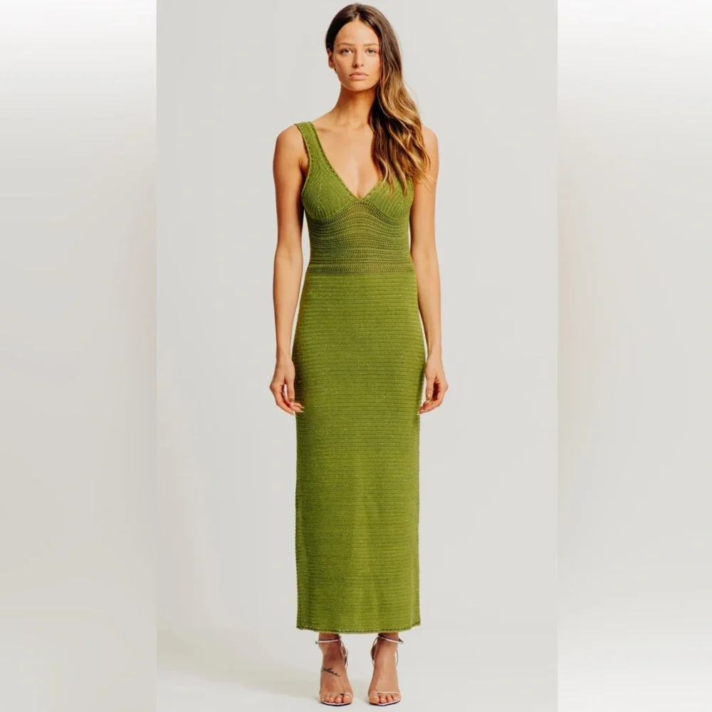 Torn by Ronny Kobo Madi Dress in metallic green sexy beach crochet midi sz m - Picture 1 of 15